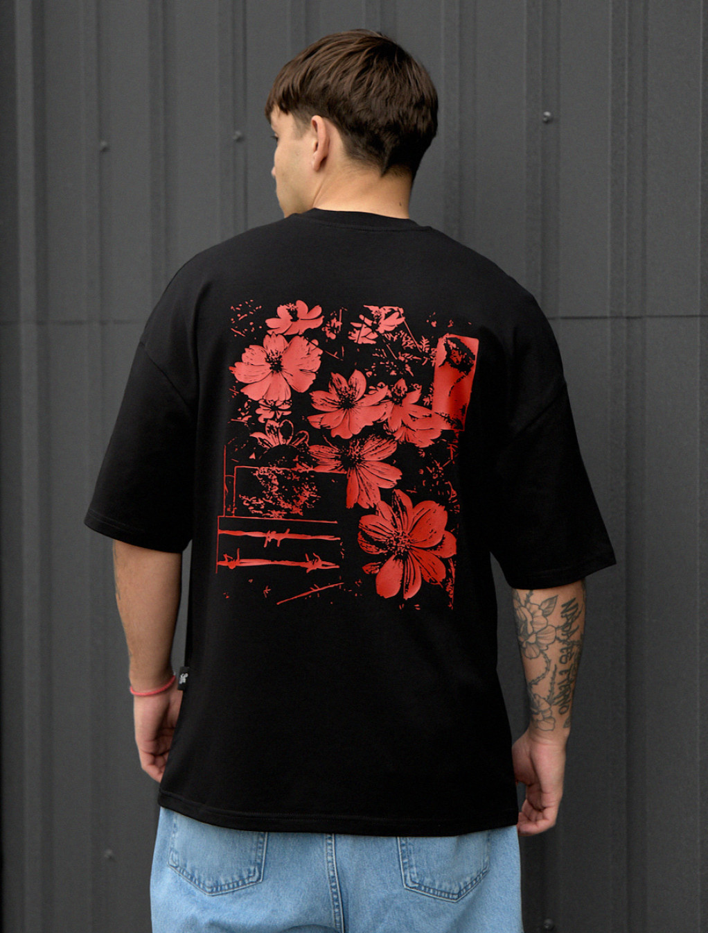 Tricou Staff red flowers oversize